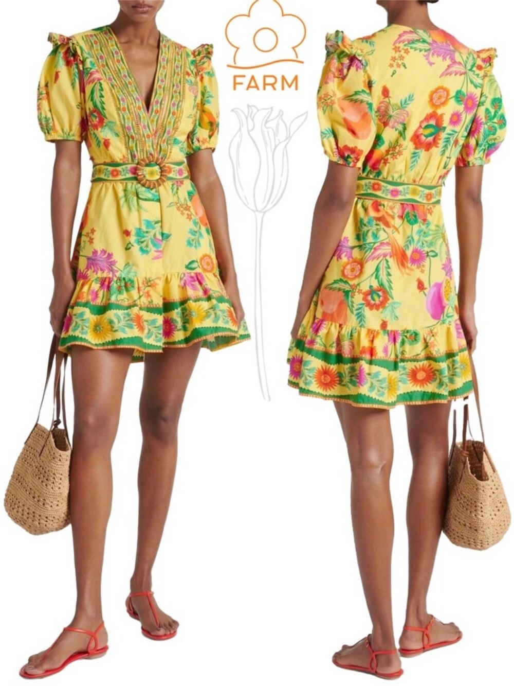 FARM Rio Yellow Delicate Fruit Garden Organic Cotton Mini Dress Size M NWOT